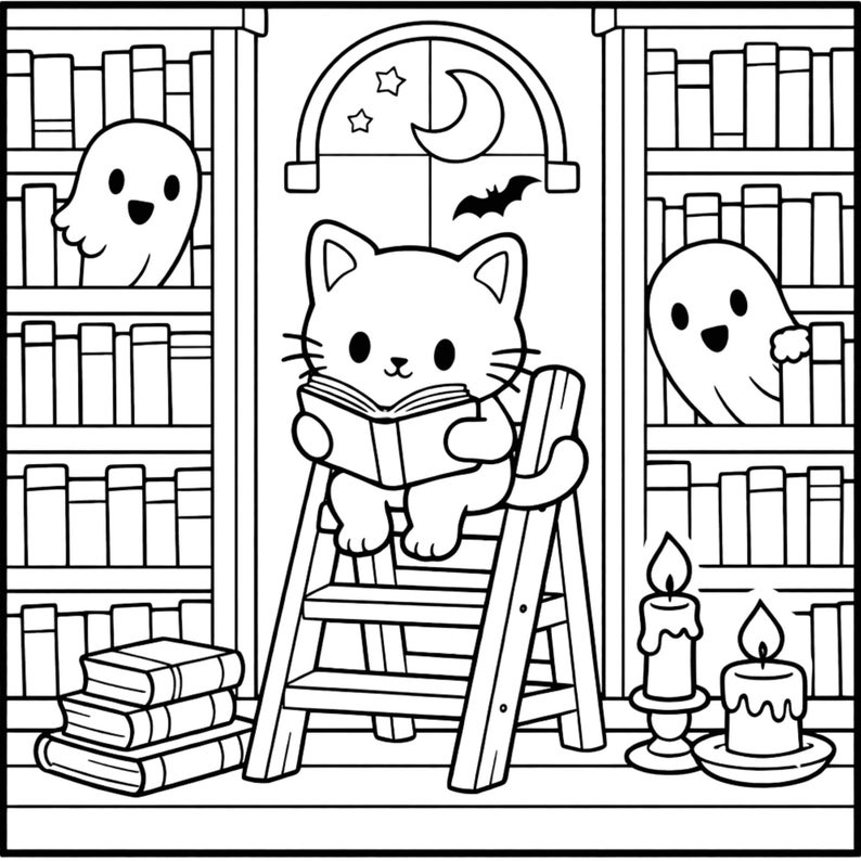 May include: Black and white illustration of a cat reading a book on a ladder in a library. Ghosts, candles, a crescent moon, stars, and a bat are also present. Bookshelves are on either side of the cat.