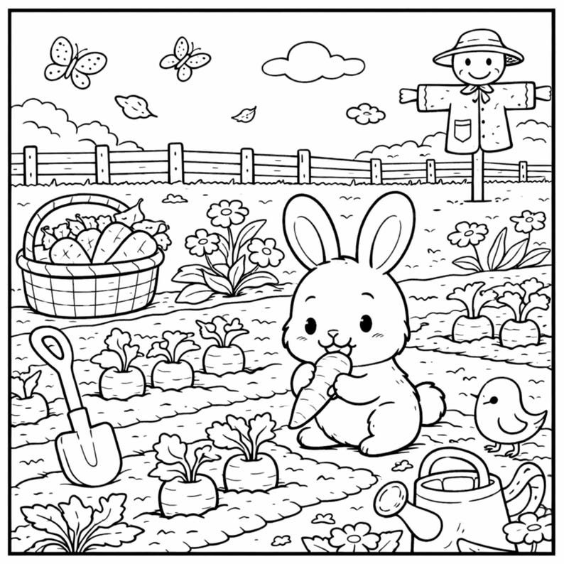 May include: A black and white illustration depicting a garden scene. A rabbit is eating a carrot, with a basket of carrots, a shovel, and a scarecrow also present. Butterflies and flowers complete the charming garden setting.