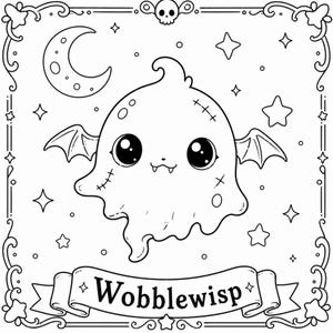 May include: A black and white illustration of a cartoon ghost with bat wings, large eyes, and the word "Wobblewisp" on a banner. The design includes stars, a crescent moon, and a skull, all within a decorative border.