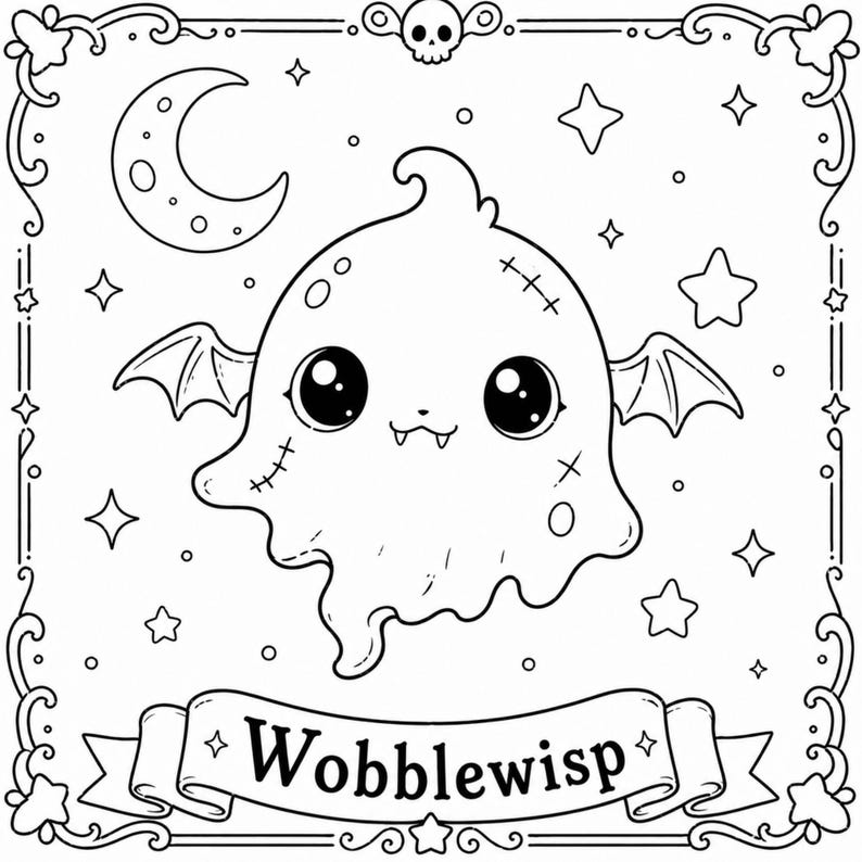 May include: A black and white illustration of a cartoon ghost with bat wings, large eyes, and the word "Wobblewisp" on a banner. The design includes stars, a crescent moon, and a skull, all within a decorative border.