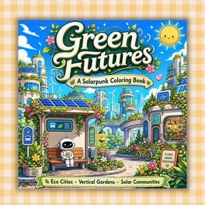 May include: A colouring book titled Green Futures: A Solarpunk Colouring Book featuring a futuristic city with solar panels, vertical gardens, and a small robot sitting on a bench. The cover includes the text Eco Cities, Vertical Gardens, Solar Communities.