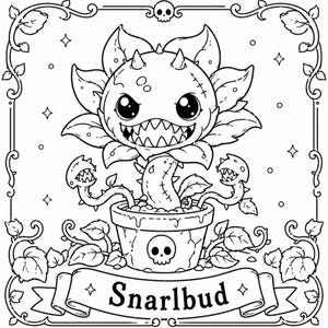 May include: Black and white illustration of a Snarlbud plant in a pot, with a skull on the pot and banner. The plant has a large, toothy grin and spiky leaves. The image is framed with a decorative border.