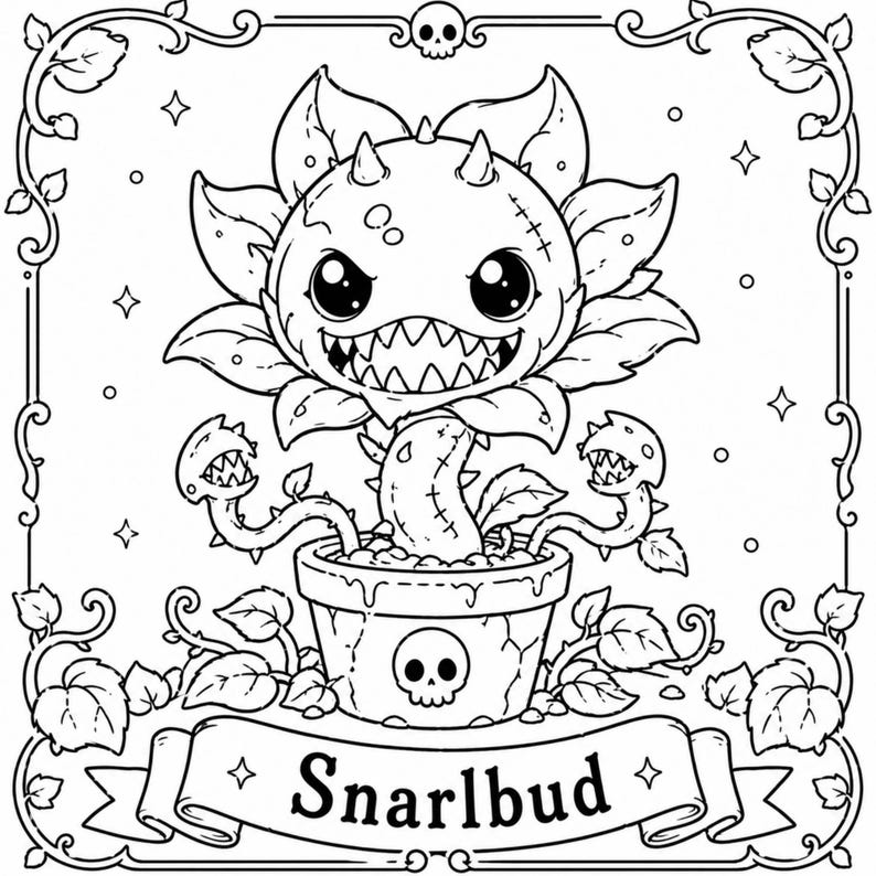 May include: Black and white illustration of a Snarlbud plant in a pot, with a skull on the pot and banner. The plant has a large, toothy grin and spiky leaves. The image is framed with a decorative border.