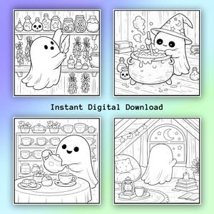 May include: Four black and white line art coloring pages featuring a ghost character in various settings, including a potion room, a cauldron, a tea party, and a bedroom. The text Instant Digital Download is centered below the top images.