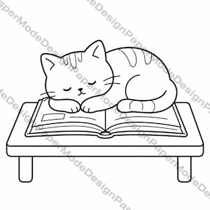 May include: Black and white line drawing of a cat asleep on an open book. The cat is curled up, eyes closed, resting on the pages. The book is on a small table with four legs. A simple, charming illustration.