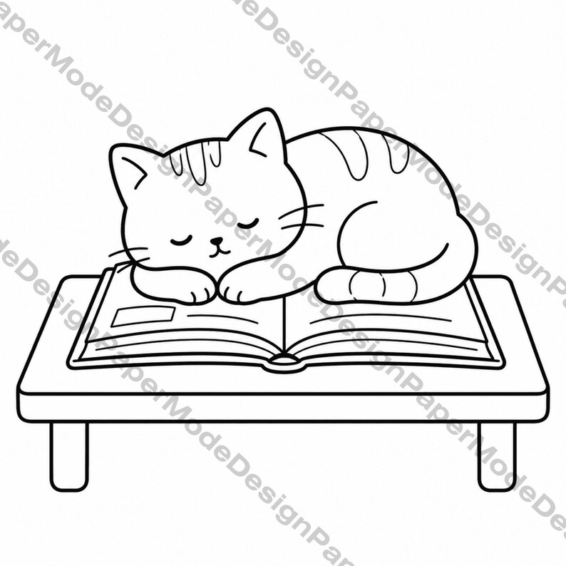 May include: Black and white line drawing of a cat asleep on an open book. The cat is curled up, eyes closed, resting on the pages. The book is on a small table with four legs. A simple, charming illustration.