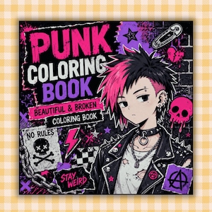 May include: A square coloring book with the title "PUNK COLORING BOOK" in pink and purple lettering. The cover features an anime-style character with pink and black hair, a black leather jacket, and various punk rock symbols.