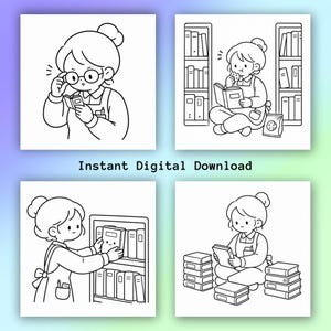 May include: Four-panel illustration of a cartoon librarian in different reading scenes. The librarian, with glasses and a bun, is shown with books and a bookshelf. The text "Instant Digital Download" is at the bottom of the image.