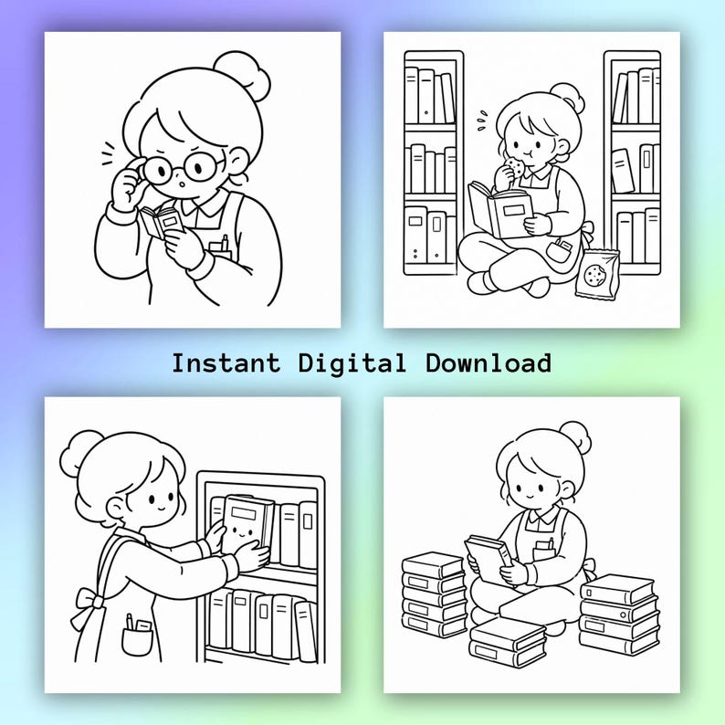 May include: Four-panel illustration of a cartoon librarian in different reading scenes. The librarian, with glasses and a bun, is shown with books and a bookshelf. The text "Instant Digital Download" is at the bottom of the image.