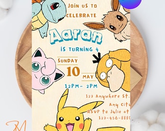 編集可能なポケモン招待状、ポケモン誕生日招待状、印刷可能な誕生日パーティー招待状、デジタル誕生日パーティー招待状テンプレート