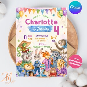Puede incluir: Una tarjeta de invitaci&oacute;n de cumplea&ntilde;os rectangular con coloridas ilustraciones en acuarela de varios personajes animales. El texto dice: Join us to celebrate Charlotte is turning 4, Mayor's Home, 11 Sun Oct, 6-7 PM, RSVP to Amani 999-777-888.