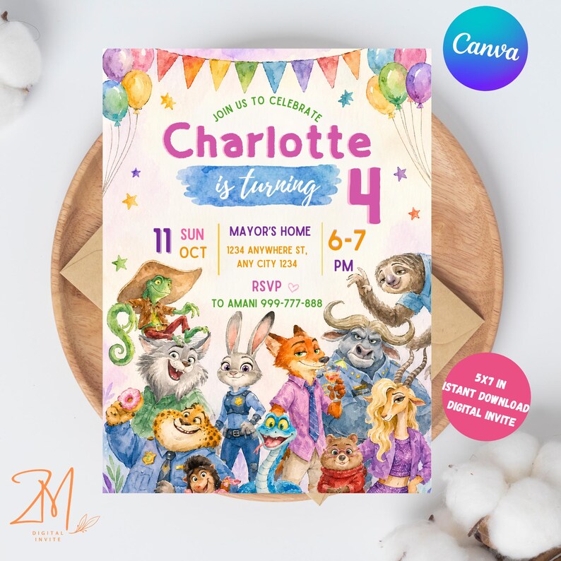 Puede incluir: Una tarjeta de invitaci&oacute;n de cumplea&ntilde;os rectangular con coloridas ilustraciones en acuarela de varios personajes animales. El texto dice: Join us to celebrate Charlotte is turning 4, Mayor's Home, 11 Sun Oct, 6-7 PM, RSVP to Amani 999-777-888.