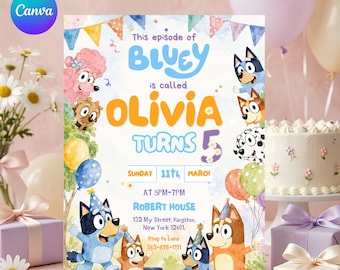 Invitación de cumpleaños de Bluey, invitación de cumpleaños de Bing editable, invitación de cumpleaños de Bluey y Bingo, invitación a fiesta de cumpleaños de Bluey, Canva editable
