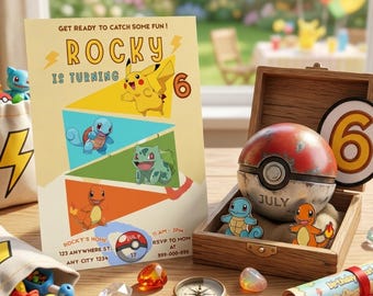 編集可能なポケモン招待状、ポケモン誕生日招待状、印刷可能な誕生日パーティー招待状、デジタル誕生日パーティー招待状テンプレート
