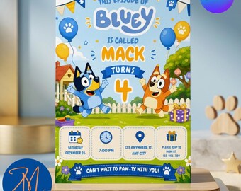 ブルーイの誕生日招待状、ブルーイのビデオ招待状、ブルーイの招待状、ブルーイのアニメーション招待ビデオ、誕生日デジタルビデオ招待状、Canva編集可能