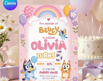 Invitation d'anniversaire Bluey Invitation d'anniversaire Bing modifiable Invitation d'anniversaire bluey et bingo Invitation fête d'anniversaire bluey, éditable sur toile