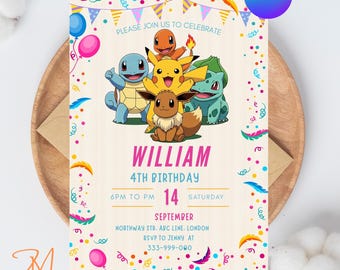 Editable Pokemon Invitation, Pokemon Birthday Invitation, Printable Birthday Party Invitations, Digital Bday Party Invite Template