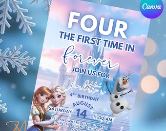 アナと雪の女王 永遠のはじめての誕生日招待状 アナと雪の女王 4歳の誕生日招待状 お子様向け 4歳の誕生日パーティー エルサとアナのテーマの招待状 編集可能