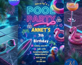 ネオンプール誕生日招待状、プールパーティー誕生日招待状、ネオングロー水泳招待状、スイミングプールパーティー招待状、編集可能なCanvaテンプレート