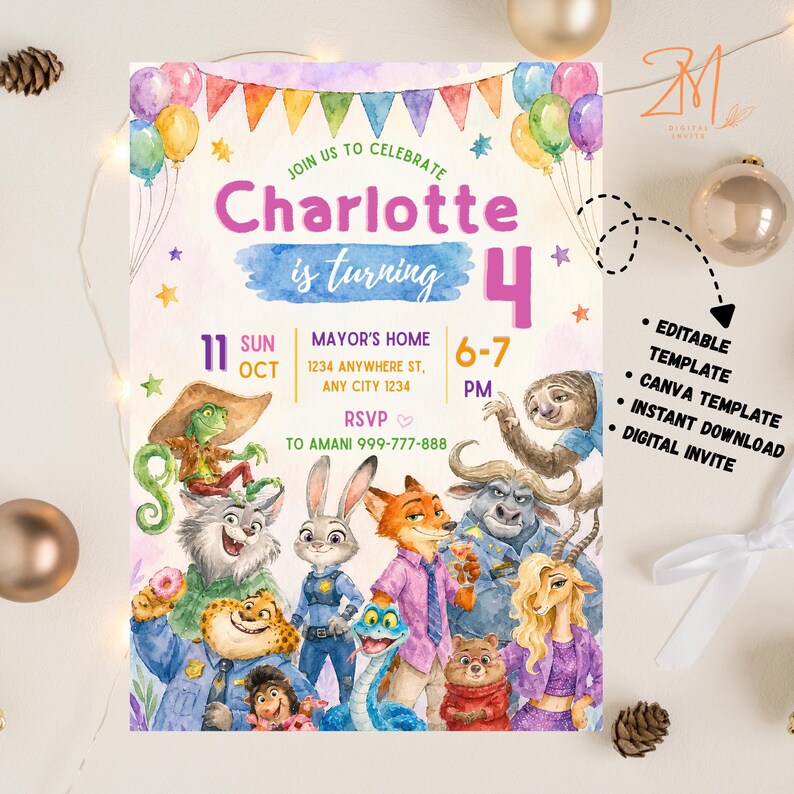 Puede incluir: Una plantilla de invitaci&oacute;n de cumplea&ntilde;os con ilustraciones en acuarela de varios personajes animales de Zootopia. El texto dice: Join us to celebrate Charlotte is turning 4, 11 Sun Oct, Mayor's Home, 6-7 PM, y RSVP to Amani 999-777-888.
