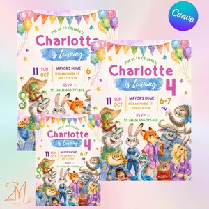 Puede incluir: Una tarjeta de invitaci&oacute;n de cumplea&ntilde;os con ilustraciones en acuarela de varios personajes animales de Zootopia. El texto dice Join us to celebrate Charlotta is turning 4, con detalles para el 11 de octubre, Mayor's Home, 6-7 PM y RSVP.