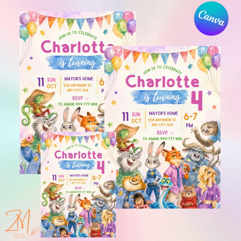 Puede incluir: Una tarjeta de invitaci&oacute;n de cumplea&ntilde;os con ilustraciones en acuarela de varios personajes animales de Zootopia. El texto dice Join us to celebrate Charlotta is turning 4, con detalles para el 11 de octubre, Mayor's Home, 6-7 PM y RSVP.
