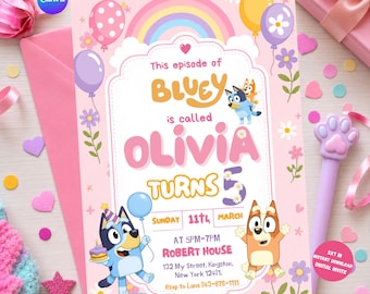 Convite de aniversário da Bluey, convite de aniversário com bingo editável, convite de aniversário da Bluey e bingo, convite para festa de aniversário da Bluey, Canva editável