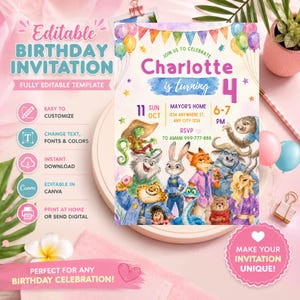 Puede incluir: Una plantilla de invitaci&oacute;n de cumplea&ntilde;os editable con banderines coloridos, globos y personajes animales de dibujos animados. El texto dice Charlotte is turning 4, Mayor's Home, 11 Sun Oct, 6-7 PM y RSVP to Amani 999-777-888. Incluye varios iconos.