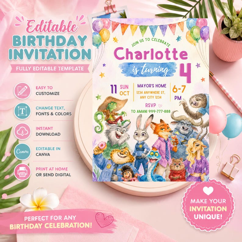 Puede incluir: Una plantilla de invitaci&oacute;n de cumplea&ntilde;os editable con banderines coloridos, globos y personajes animales de dibujos animados. El texto dice Charlotte is turning 4, Mayor's Home, 11 Sun Oct, 6-7 PM y RSVP to Amani 999-777-888. Incluye varios iconos.
