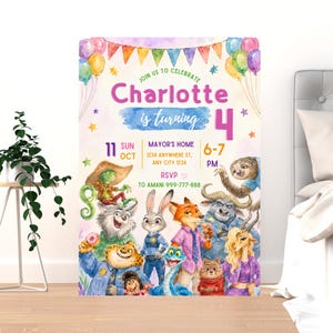 Puede incluir: Un p&oacute;ster rectangular de invitaci&oacute;n de cumplea&ntilde;os con globos de acuarela coloridos, banderines y personajes de Zootopia. El texto dice: Join us to celebrate Charlotte is turning 4, 11 Sun Oct, Mayor's Home 1234 Anywhere St, Any City 1234, 6-7 PM, RSVP to Amani 999-777-888.