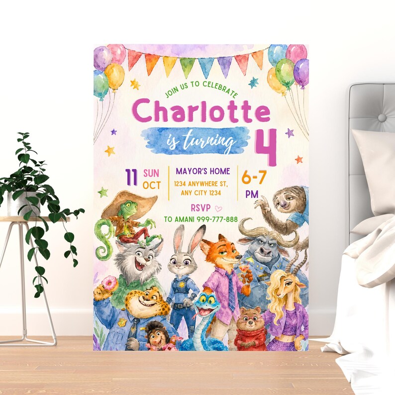 Puede incluir: Un p&oacute;ster rectangular de invitaci&oacute;n de cumplea&ntilde;os con globos de acuarela coloridos, banderines y personajes de Zootopia. El texto dice: Join us to celebrate Charlotte is turning 4, 11 Sun Oct, Mayor's Home 1234 Anywhere St, Any City 1234, 6-7 PM, RSVP to Amani 999-777-888.