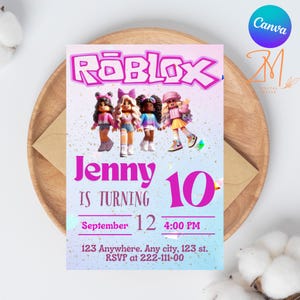 May include: A party invitation featuring the Roblox logo and four character figures. The invitation is for a 10th birthday, with the name "Jenny" and event details. The design includes a gradient background and the Canva logo.