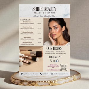 May include: A promotional flyer for Shine Beauty & Skin Spa, featuring a woman's portrait, service details, and contact information. The flyer includes the text "Elevate Your Beautiful Glow" and lists services like hair, color, and bridal.