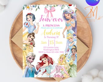 フォーエバー・ア・プリンセスの誕生日招待状 フォーエバー・ア・プリンセスの招待状 4歳の誕生日招待状 プリンセスパーティー ロイヤルテーマ 水彩画 編集可能