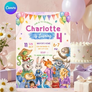 Puede incluir: Una tarjeta de invitaci&oacute;n de cumplea&ntilde;os con coloridas ilustraciones en acuarela de personajes animales animados, banderines y globos. El texto dice: Join us to celebrate Charlotte is turning 4, 11 Sun Oct, Mayor's Home, 1234 Anywhere St, Any City 1234, 6-7 PM, RSVP to Amani 999-777-888.