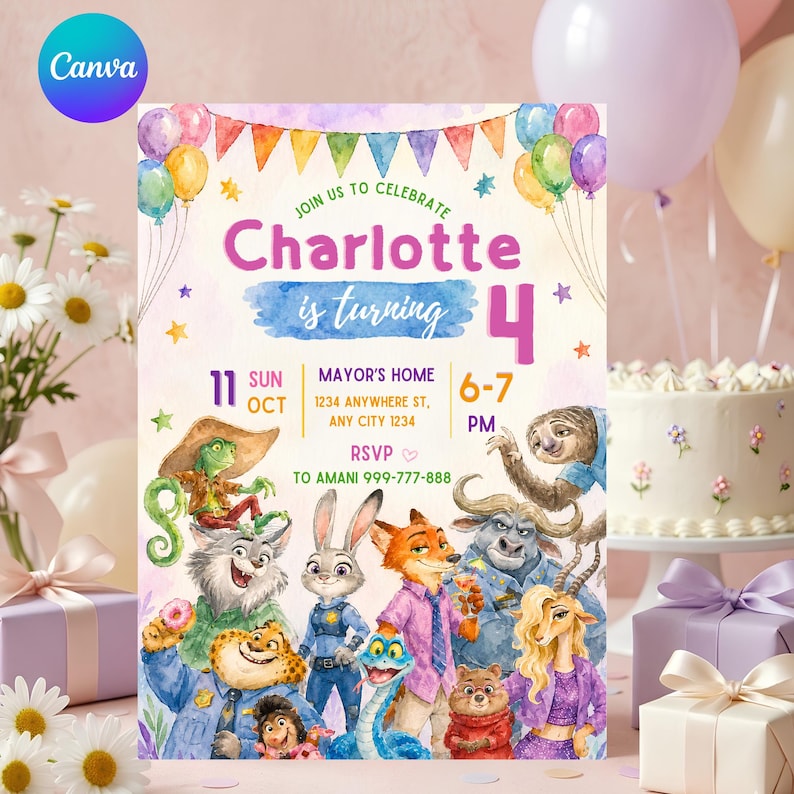 Puede incluir: Una tarjeta de invitaci&oacute;n de cumplea&ntilde;os con coloridas ilustraciones en acuarela de personajes animales animados, banderines y globos. El texto dice: Join us to celebrate Charlotte is turning 4, 11 Sun Oct, Mayor's Home, 1234 Anywhere St, Any City 1234, 6-7 PM, RSVP to Amani 999-777-888.