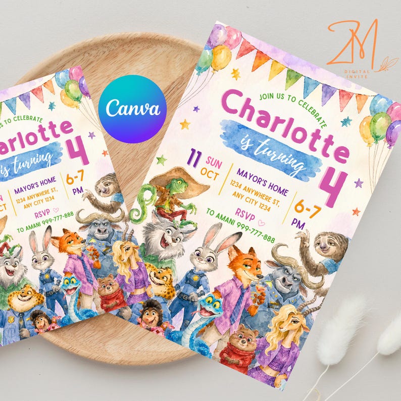 Puede incluir: Una tarjeta de invitaci&oacute;n de cumplea&ntilde;os con ilustraciones en acuarela de varios personajes animales de Zootopia. El texto dice: Join us to celebrate Charlotte is turning 4, 11 Sun Oct, Mayor's Home, 1234 Anywhere St, Any City 1234, 6-7 PM, RSVP to Amani 999-777-888.