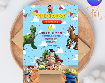 トイ・ストーリー誕生日招待状テンプレート：編集可能なCanvaデザイン（デジタルダウンロード 5x7インチ）