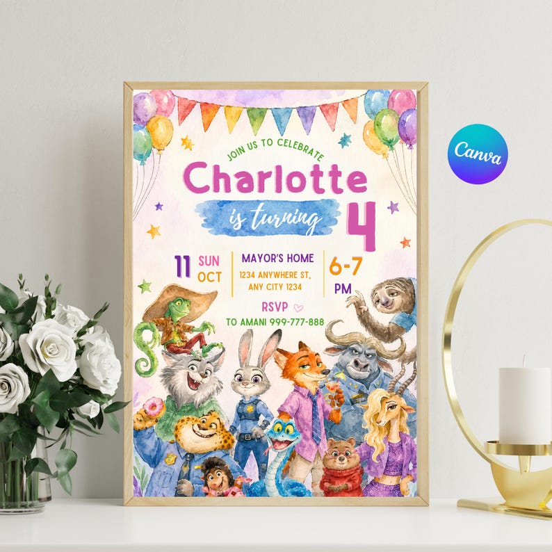Puede incluir: Una tarjeta de invitaci&oacute;n de cumplea&ntilde;os rectangular con globos y banderines de acuarela en la parte superior. El texto dice: Join us to celebrate Charlotte is turning 4, 11 Sun Oct, Mayor's Home, 1234 Anywhere St, Any City 1234, 6-7 PM, RSVP to Amani 999-777-888. Debajo, un grupo de personajes animales ilustrados se representa en un estilo de dibujos animados vibrante.