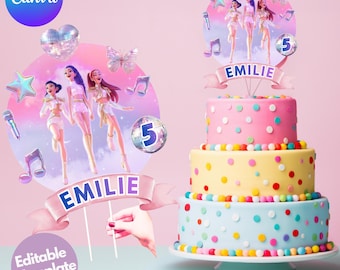 K-POPケーキトッパー、名前と年齢をカスタマイズ可能、編集可能なCanvaテンプレート（デジタルダウンロード）