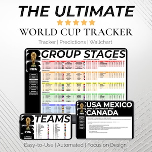 Puede incluir: Un rastreador digital de la Copa del Mundo con el texto "THE ULTIMATE WORLD CUP TRACKER". La imagen muestra una tableta y dos teléfonos inteligentes que muestran información sobre la Copa del Mundo. Los textos "GROUP STAGES" y "TEAMS" son visibles. El diseño es fácil de usar y automatizado.
