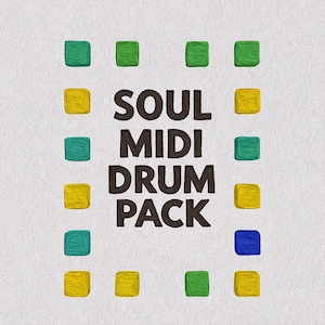 May include: A digital art graphic with the text "SOUL MIDI DRUM PACK" in dark brown, surrounded by colorful square blocks. The blocks are green, yellow, teal, and blue, set against a textured, off-white background.