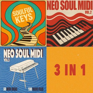 May include: A retro-style graphic featuring four squares with musical themes. The top left square says "SOULFUL KEYS" with a piano keyboard design. The top right square says "NEO SOUL MIDI VOL.2". The bottom left square says "NEO SOUL MIDI VOL.3". The bottom right square says "3 IN 1".