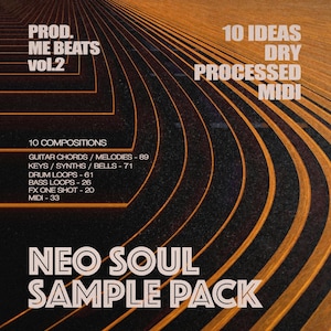 May include: A digital product advertisement for a Neo Soul Sample Pack. The design features a dark background with orange and black geometric lines. Text includes "PROD. ME BEATS vol.2", "10 IDEAS DRY PROCESSED MIDI", and a list of included compositions.