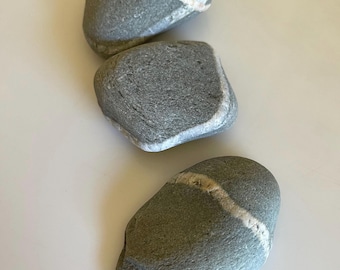 Set of 3 Wishing Stones - Double Banded Wishing Stone -  Natural Beach Rocks - Quartz Veined Coastal Decor - New England Find