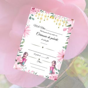 May include: A white invitation card with floral and cartoon girl illustrations. The card has text in French, including "Cérémonie de puberté" and spaces for names and details. Pink and yellow flowers decorate the edges.