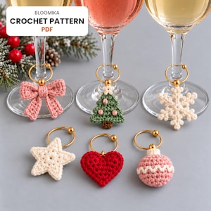 Christmas Wine Glass Charms Crochet Pattern, Set of 6 Mini Designs, Quick Hostess Gift, Easy PDF