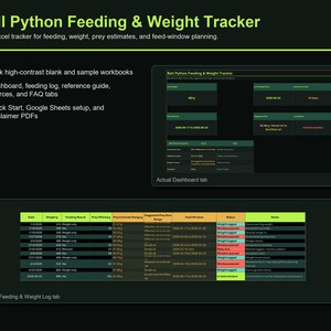 May include: A digital Ball Python Feeding & Weight Tracker spreadsheet with a dark theme. It includes a dashboard with weight and feeding data, a detailed log with columns for date, weight, prey size, and status, plus setup and reference guides.