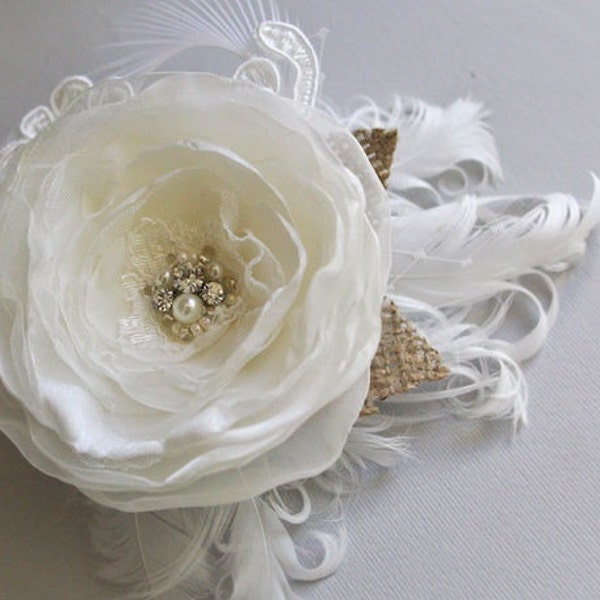 Reserved for Katie- Ivory Bridal Hair Accessory, Rustic Feather Fascinator, Bridal Flower Clip, Lace Flower Headpiece Burlap Vintage Style