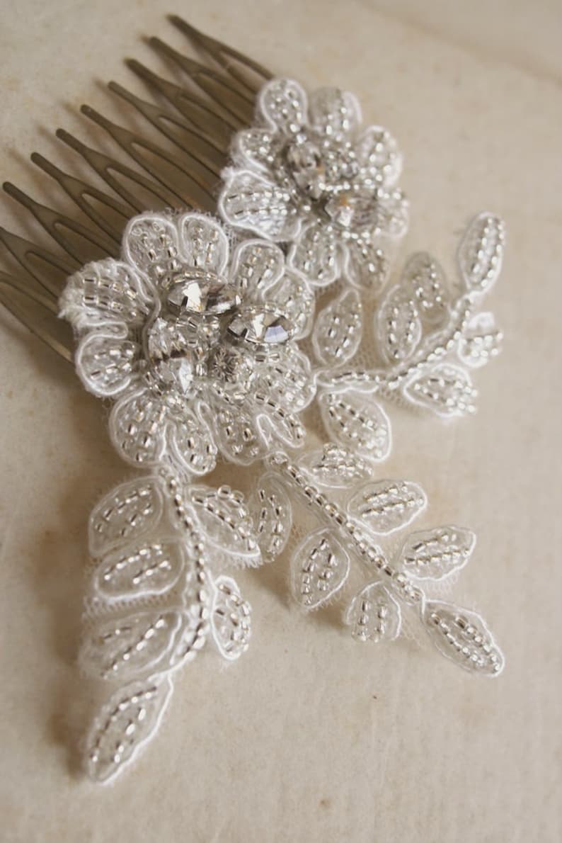 Silver Crystal Lace Bridal Comb Small Floral Comb Beaded Lace Bridal Accessory SALE Lace Headpiece Wedding Hairpiece